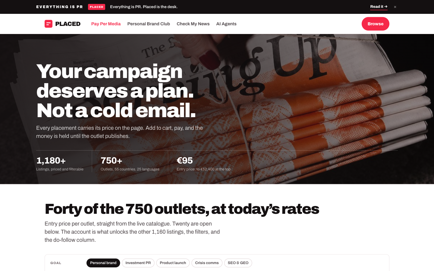 The Pay Per Media shelf: outlets with their entry rates, twenty open and the rest behind a free account.